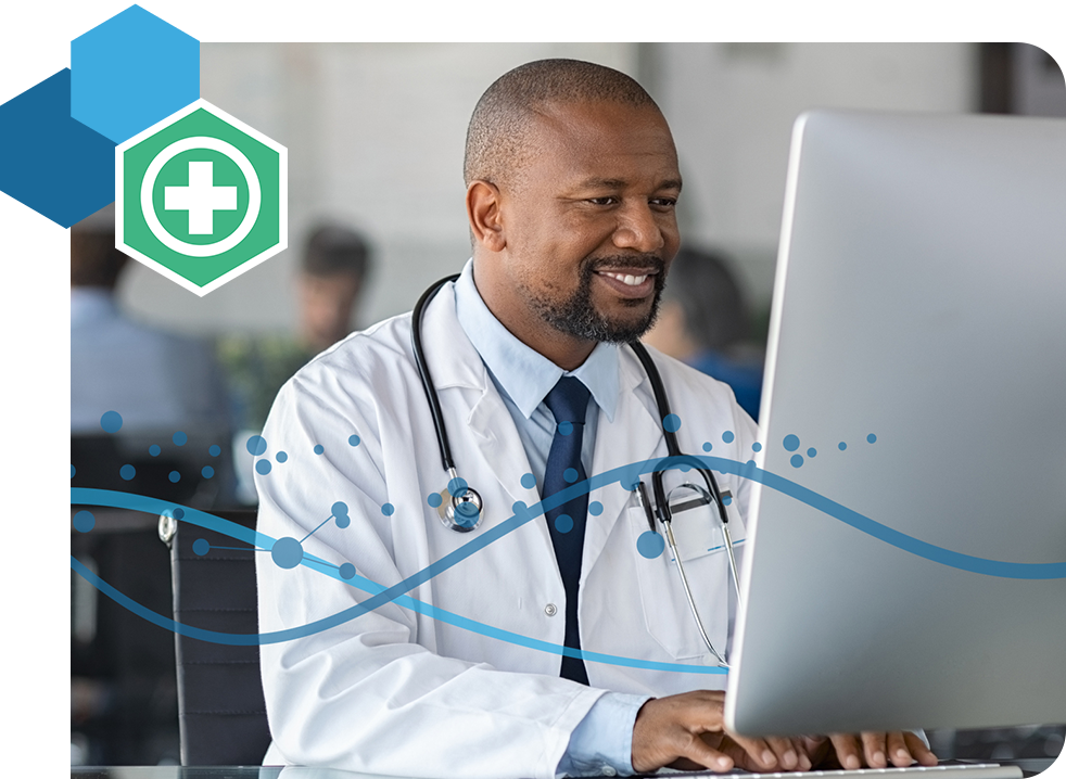 Website Image - Customer Support Page - Tab Content Module - Doctor Using Computer With TDS Elements - Frame
