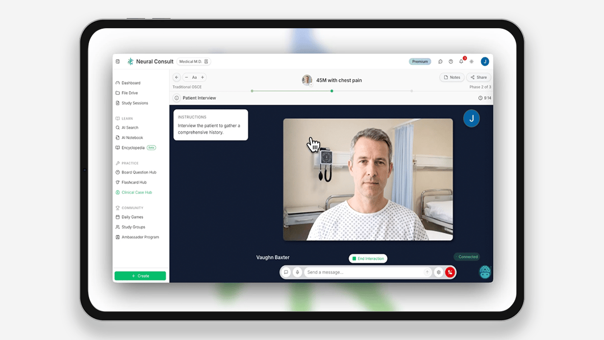 Screenshot of Neural Consult's Patient Encounters feature with a simulated patient case