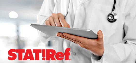 Physician holding an iPad and STAT!Ref Logo