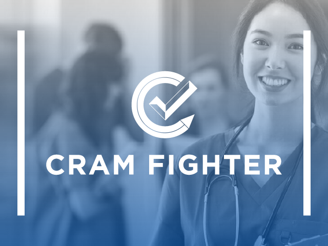 Cram Fighter Product name and logo, blue with health professionals in background