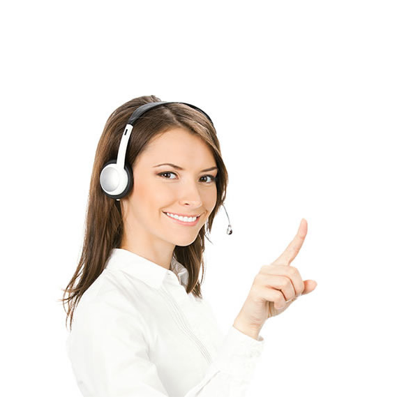 Smiling woman wearing white headphones pointing at the FAQs