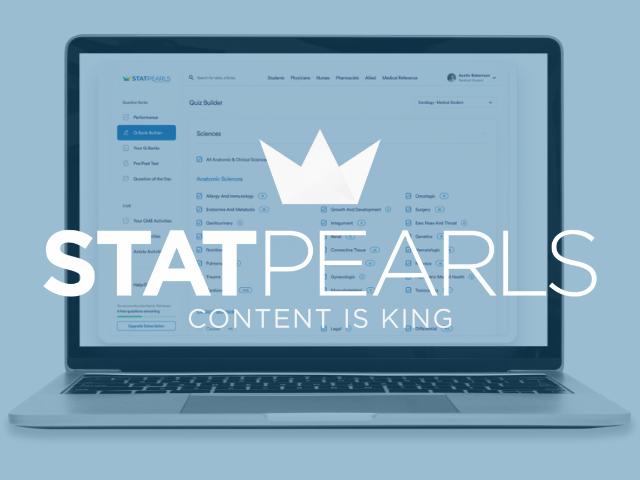 StatPearls logo and the product displayed on a laptop